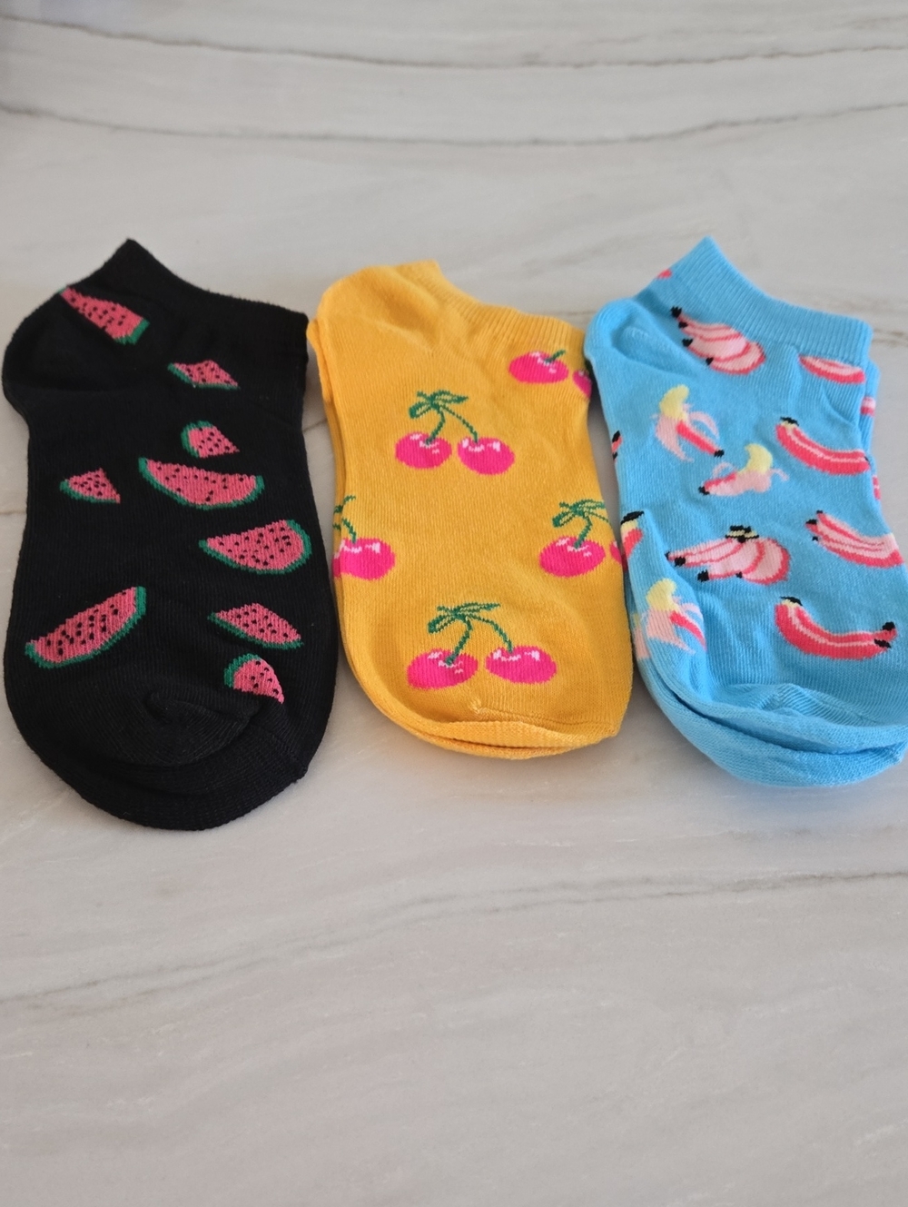 Ladies/Girls Fun Fruit Ankle Socks - Black, Yellow & Blue (3-Pack)